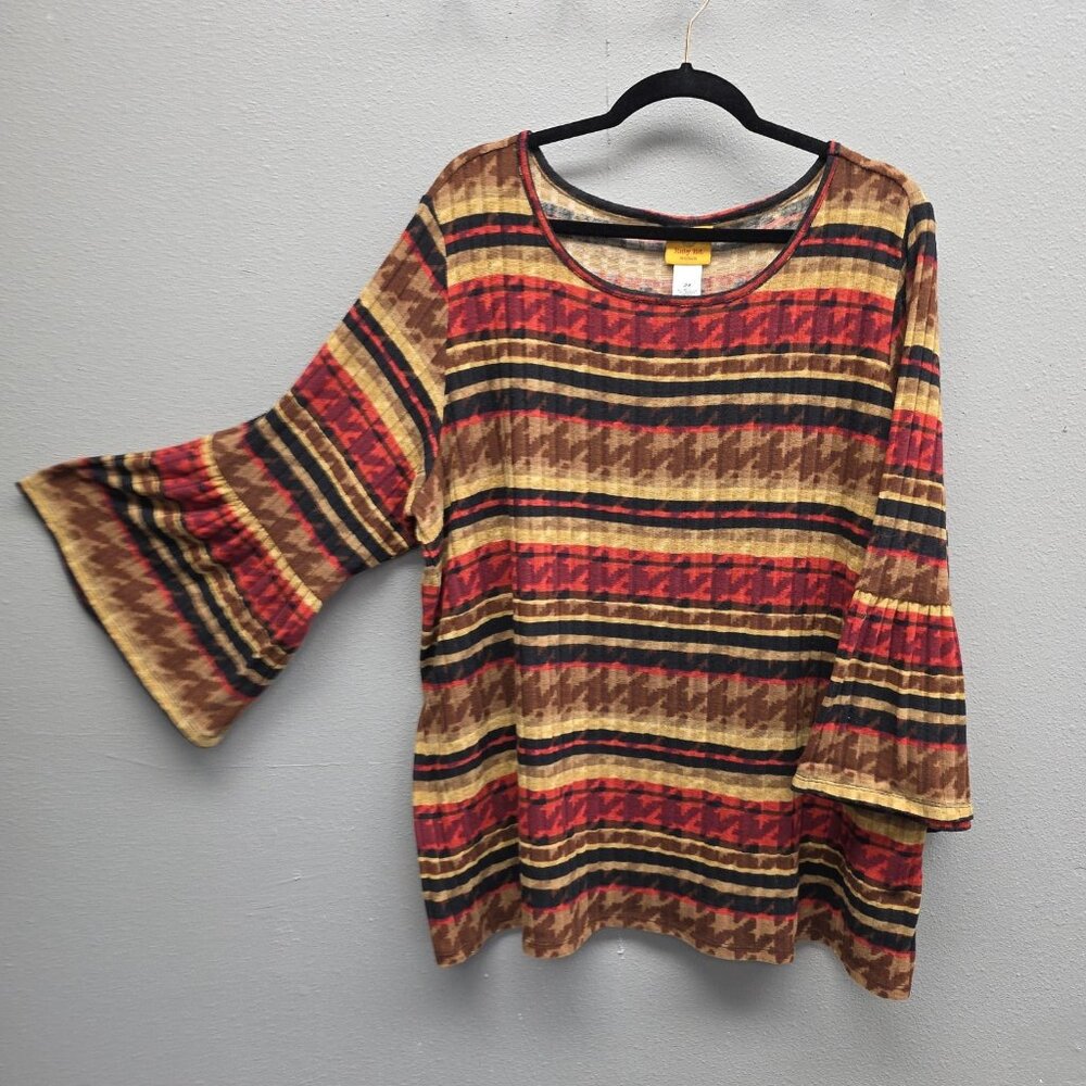 Ruby Rd Shirt Womens 2X Brown Red Bell Sleeve Houndstooth Stripe Tunic Top